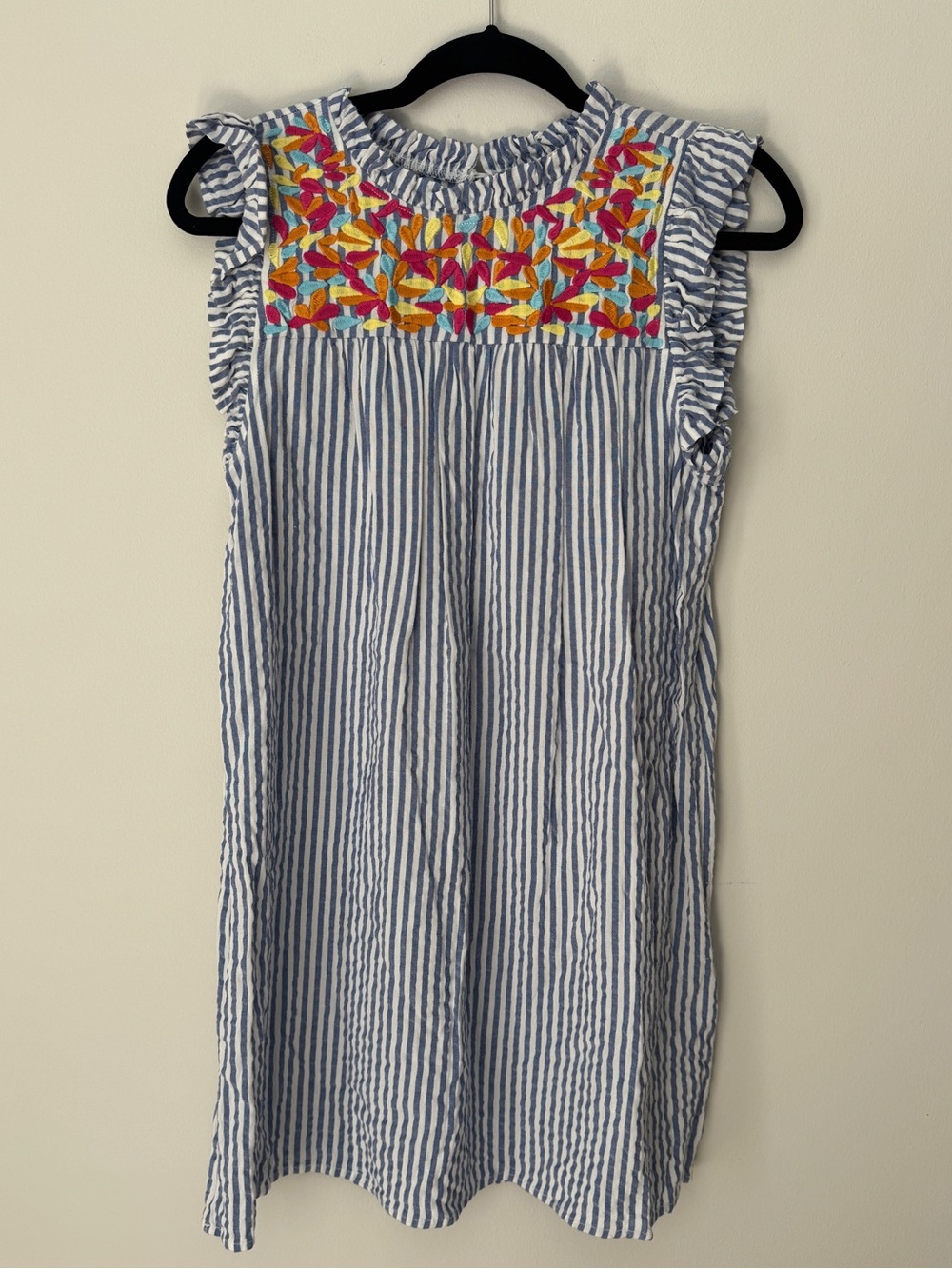 JODIFL White & Blue Stripe Sleeveless Dress with Colorful Embroidered Yoke